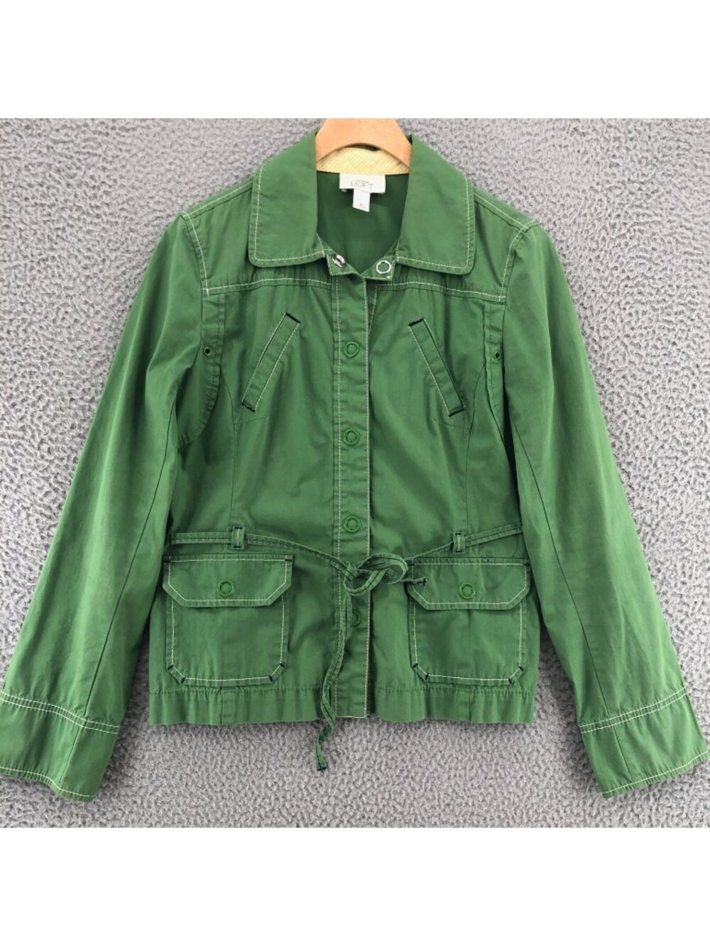 LOFT Jacket Womens 6 Green Snap Collar Pocket Tied Belt Stretch Contrast Stitch